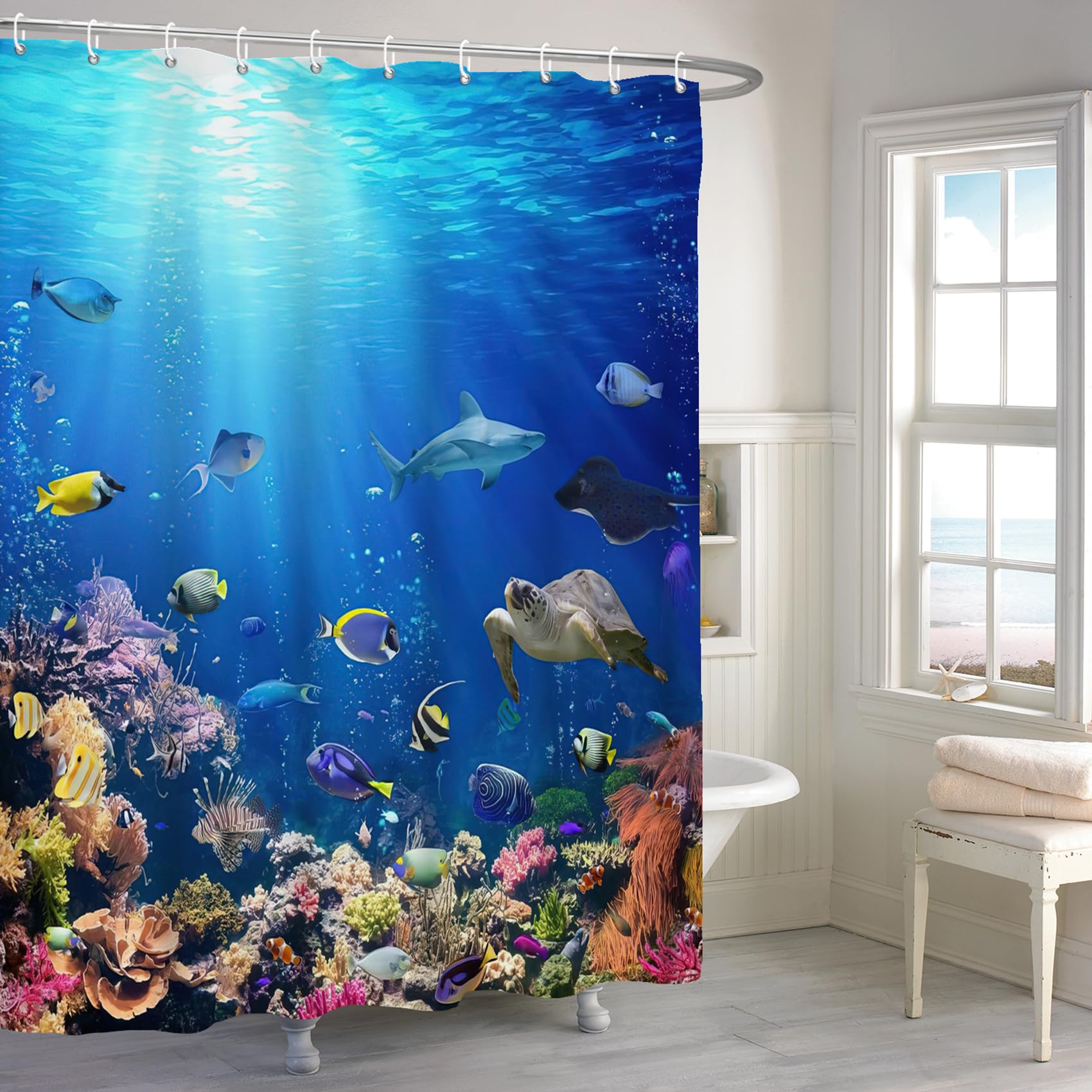Rideau de douche poissons tropicaux tissu imperméable tortue corail 183x183