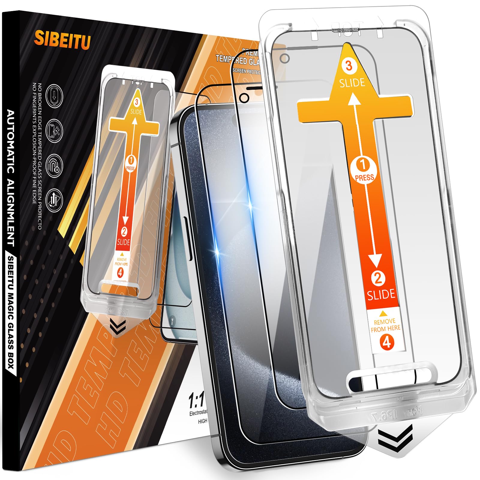 SIBEITU2-Pack for iPhone 15 Pro Max Screen Protector, [Auto Alignment Kit] 6.7 Inch HD Clear Tempered Glass Film, 9H Hardness Anti Scratch Auto Dust Removal Installation Protector, Sensitive Touch
