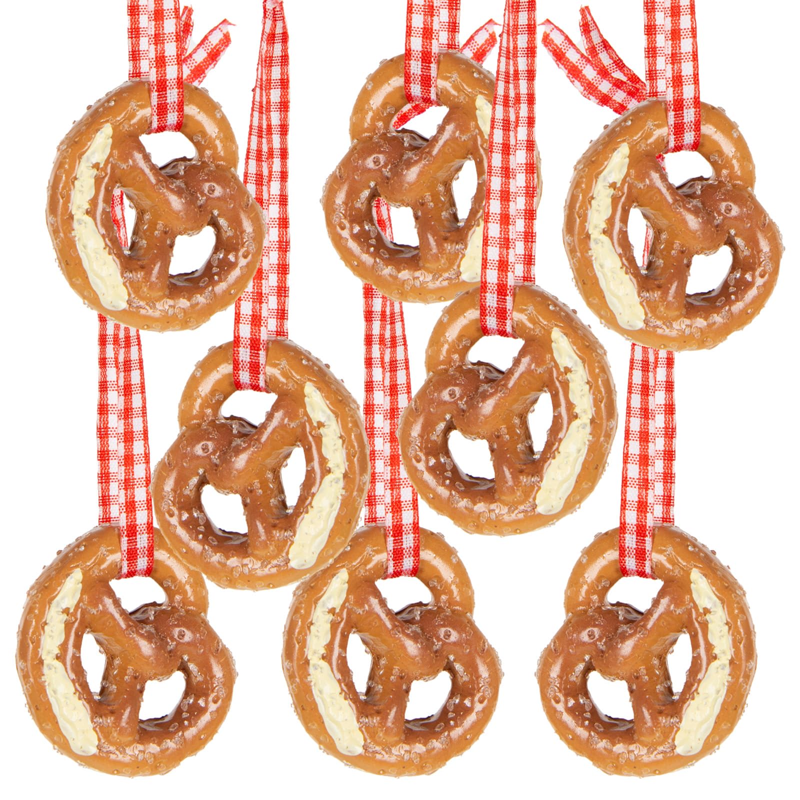 Lot 8 Mini Bretzels Décoratifs Bavarois – 4x3,5 Cm Avec Ruban Carreaux Rouge-Blanc – Idéal Oktoberfest, Fête De La Bière, Déco Table Bavaroise
