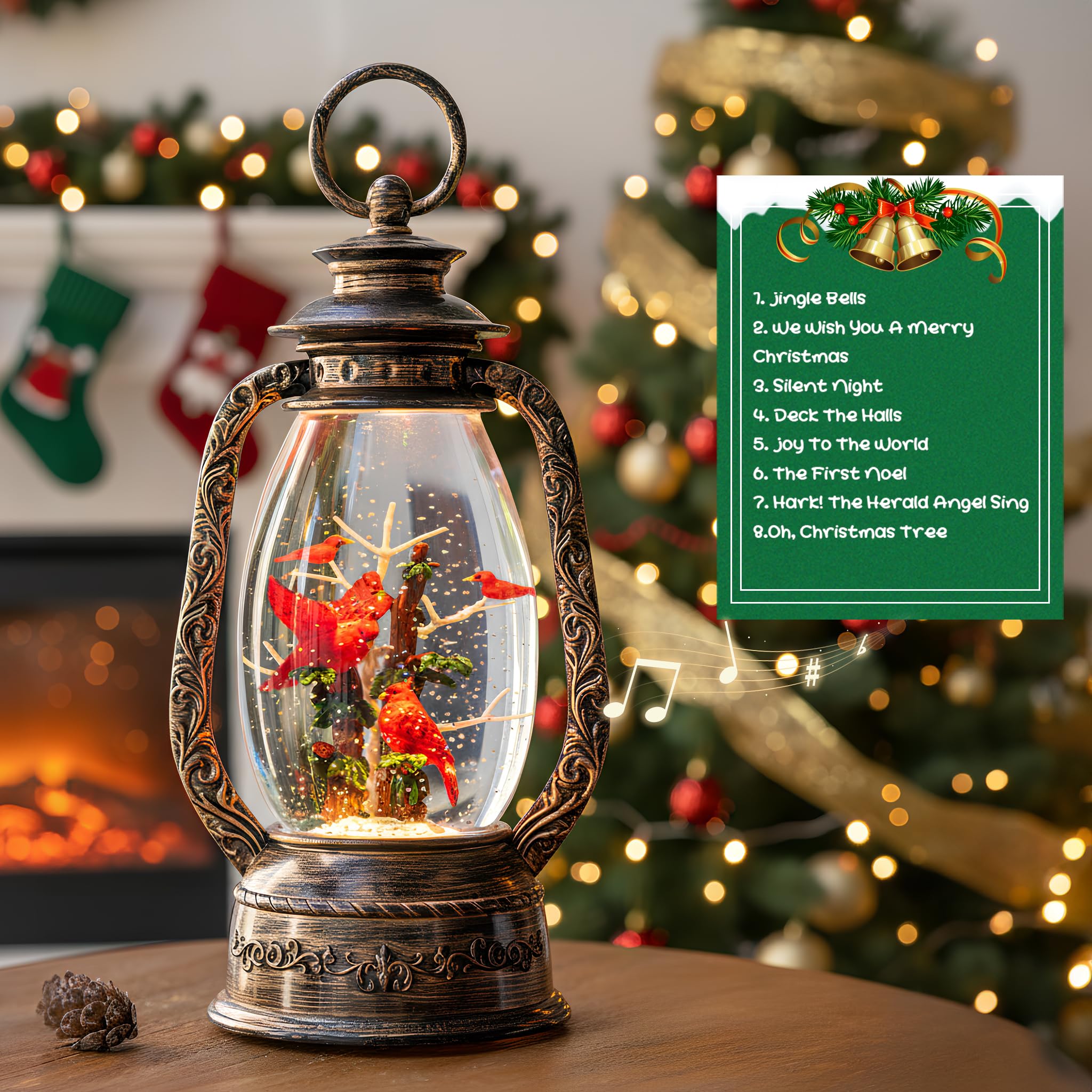 Lanterna natalizia a forma di globo di neve, 30,5 cm, cardinali con musica e timer, con cavo USB, alimentata a batteria, lanterna illuminata per feste di Natale, decorazioni e regali