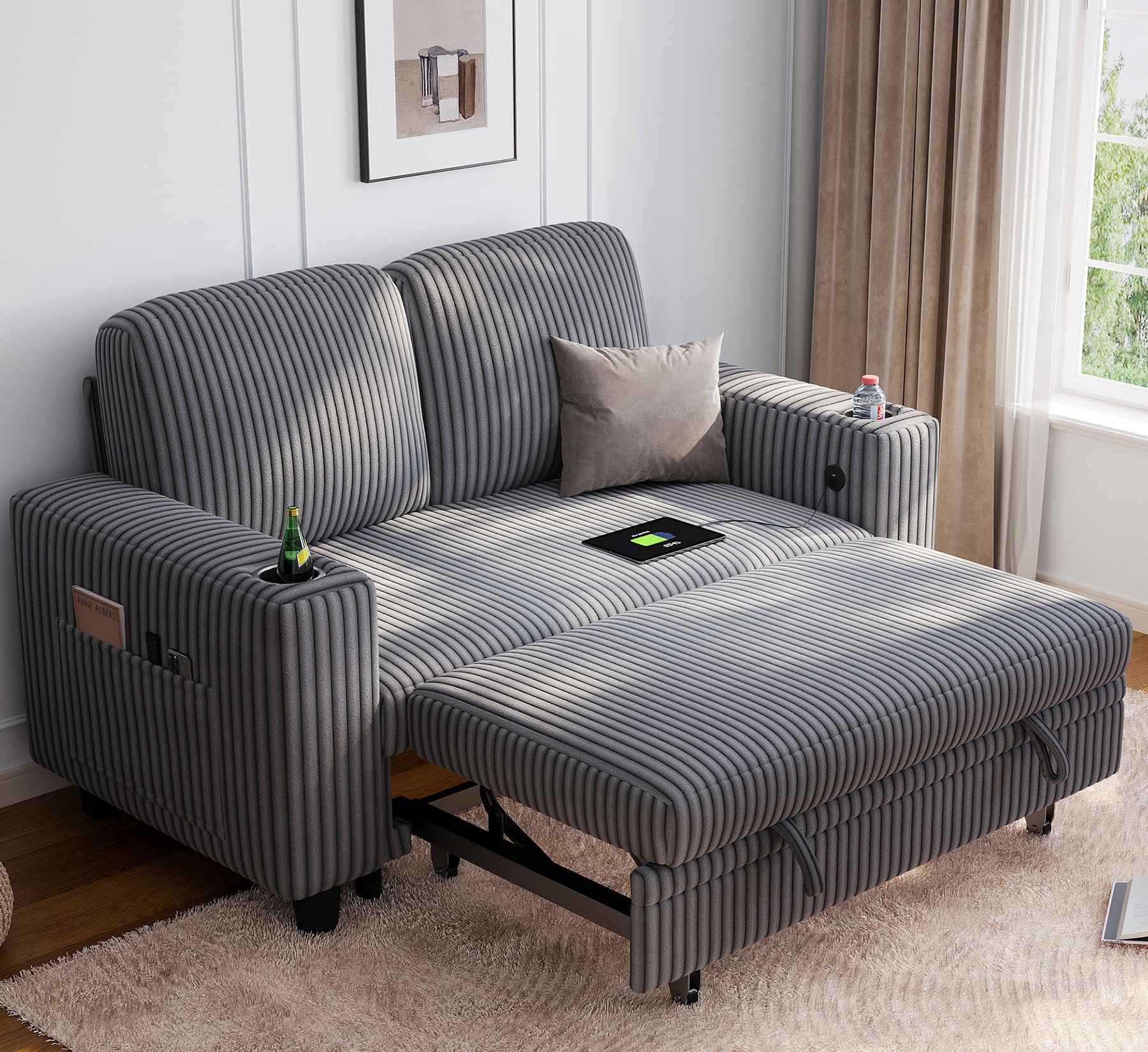 LINSY HOME Loveseat Sofa with Pull Out Couch: 2-in-1 Convertible 2 Seater Sofa Chaise with USB Charging & Cup Holders, Comfy Plush Corduroy Love Seat