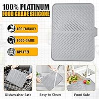 Vista 8 de Luxet Alfombrilla de silicona para secar platos con borde de drenaje integrado, almohadilla de secado higiénica, bandeja resistente compacta y fácil