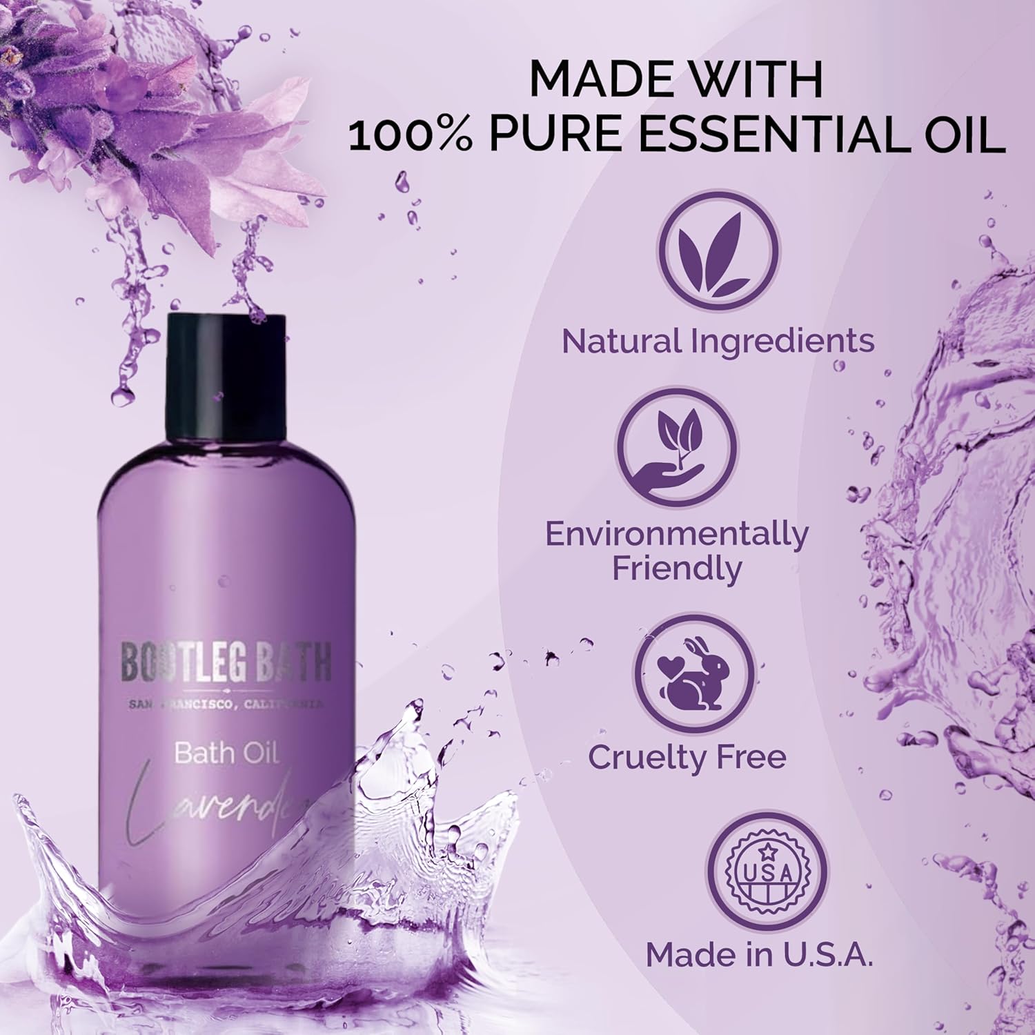 Lavender Bath Oil with Marula, Rosehip, and Jojoba Oils, Chamomile Extract, and 100% Pure Natural Essential Oil, Great Stocking Stuffer or Gift, 4oz, for Men and Women, Made in USA