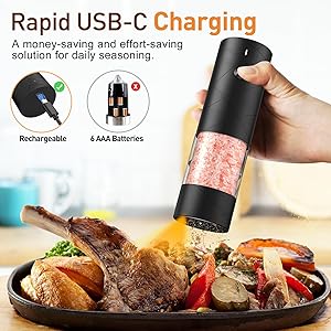 Electric Salt and Pepper Grinder Set, Rechargeable Automatic Pepper Mill Grinder with LED Light, Adjustable Coarseness shakers, One-Hand Operation for Kitchen(2 Pack, Upgrade Black+Black)