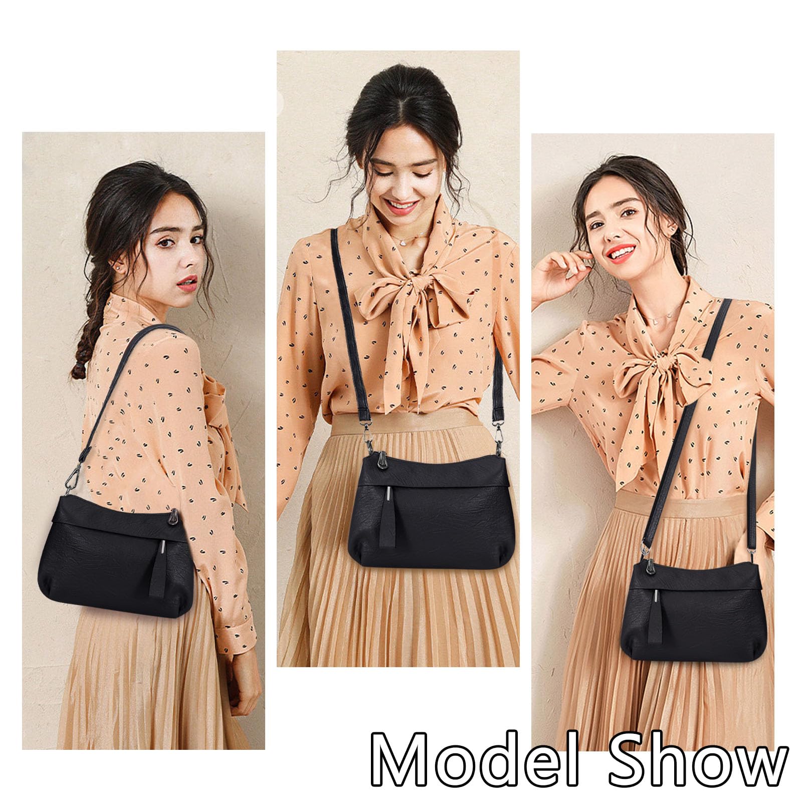 Genuine Leather Purse for Women Hobo Bag Trendy Crossbody Bag and Shoulder Bag with 2 Straps (Black)