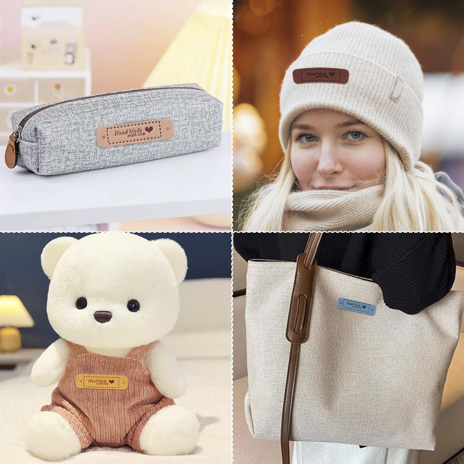 PandaHall 50 pezzi Etichette in Pelle Fatte a Mano Etichette per Abbigliamento Goffrate Quadrate in Finta Pelle Etichette all'Uncinetto con Fori per Cucito Fai da Te Maglieria Jeans Borse Scarpe