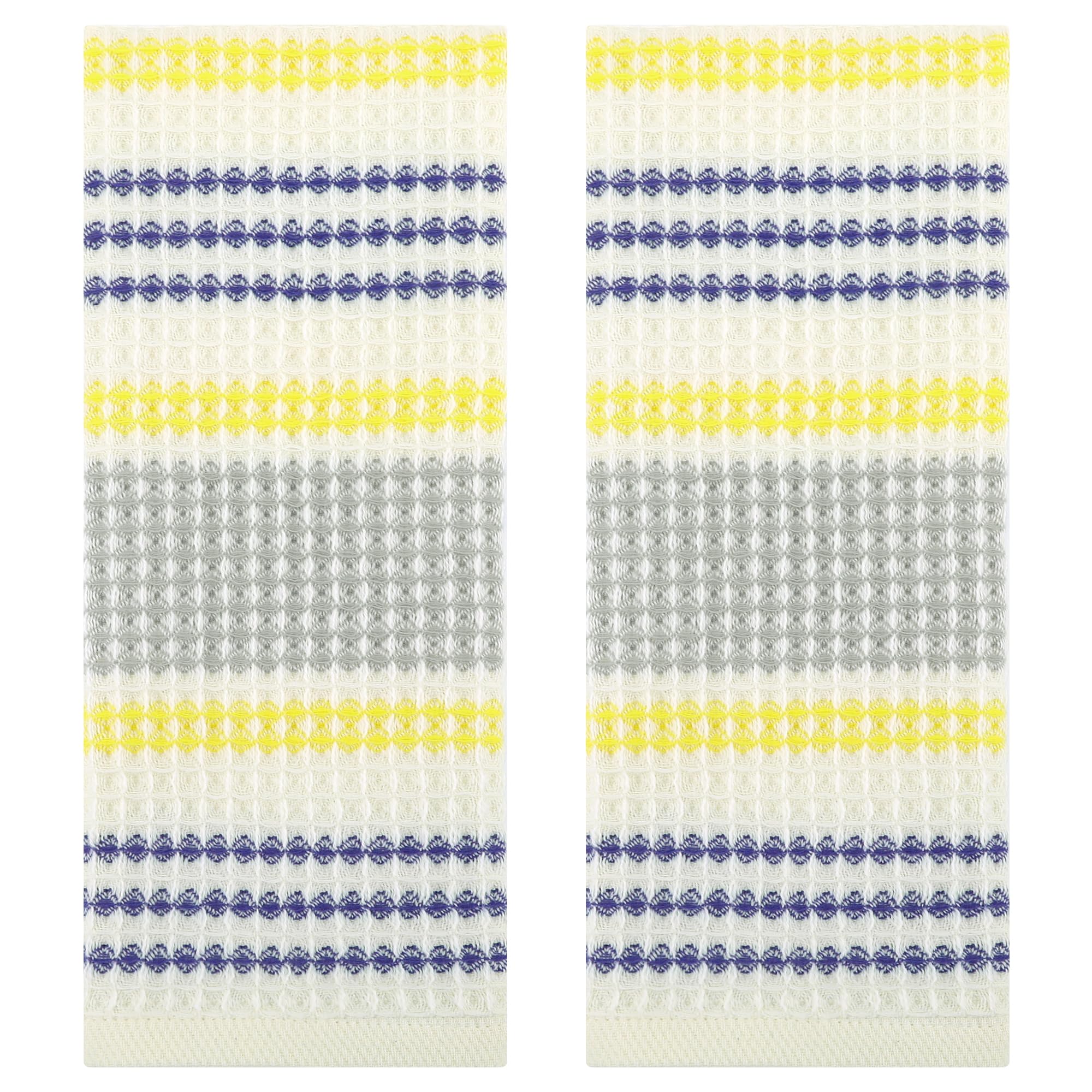 HMETOL Waffle Striped Hand Towels for Bathroom, Soft Absorbent Cotton Decorative Hand Towel Set (34 x 74 Cm) Blue Yellow Pack of 2
