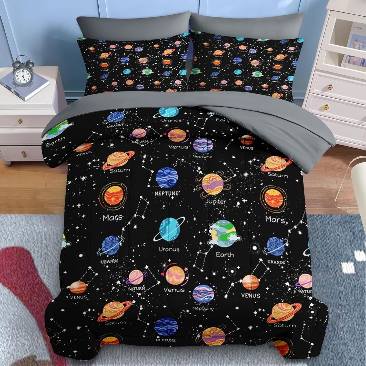 Genérico Edredon Cama 135 Planetas Edredón Nordico Adulto sin Funda Reversible Espacio Estampado Suave Ligero Transpirable Duvet 220x220 cm Incluye 2 Fundas de Almohada 50x75 cm YUd1396