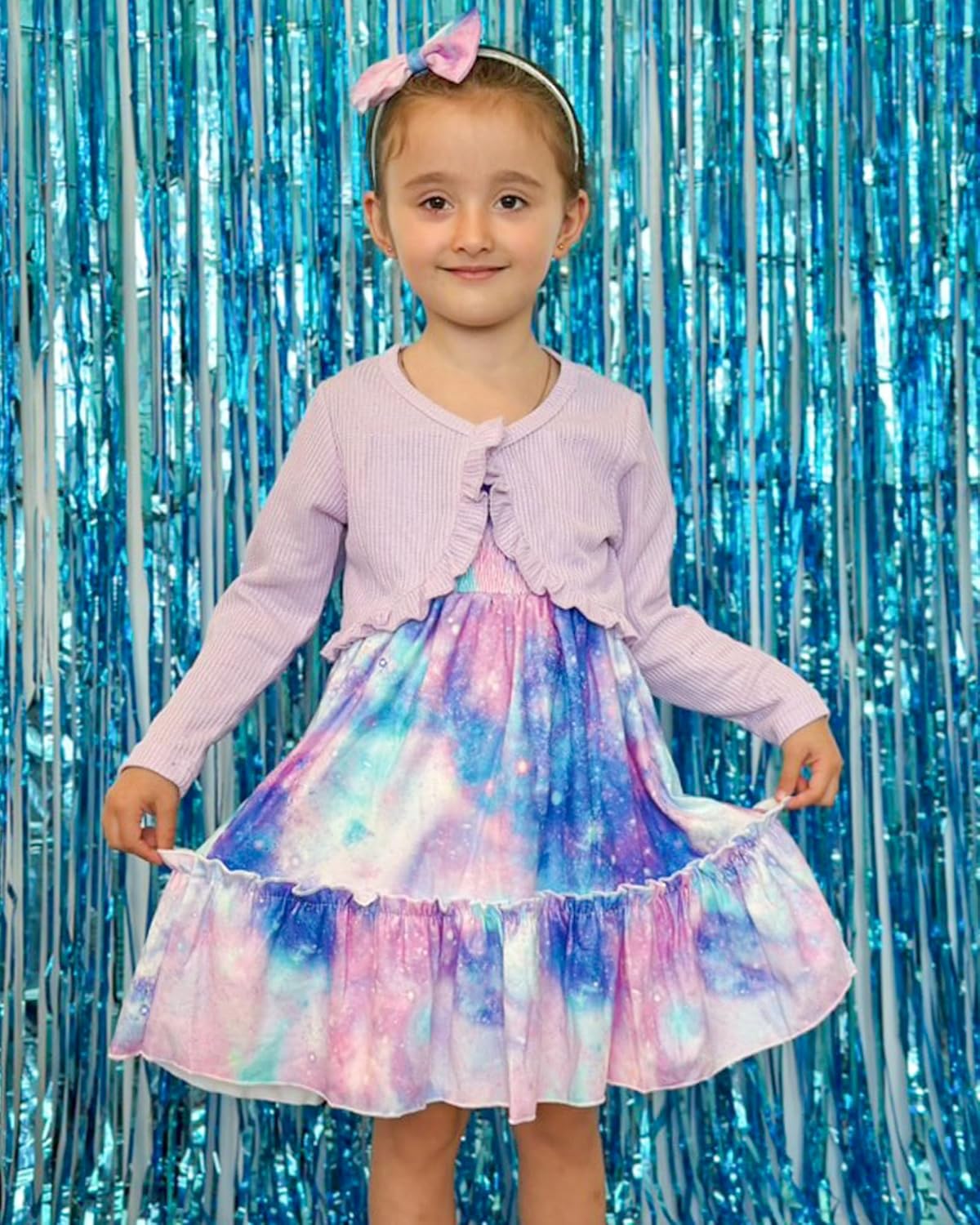 HINTINA Toddler Girl Strap Smocked Tired Dress And Long Sleeve Ruffle Cardigan 2 Piece Outfits - Image 3