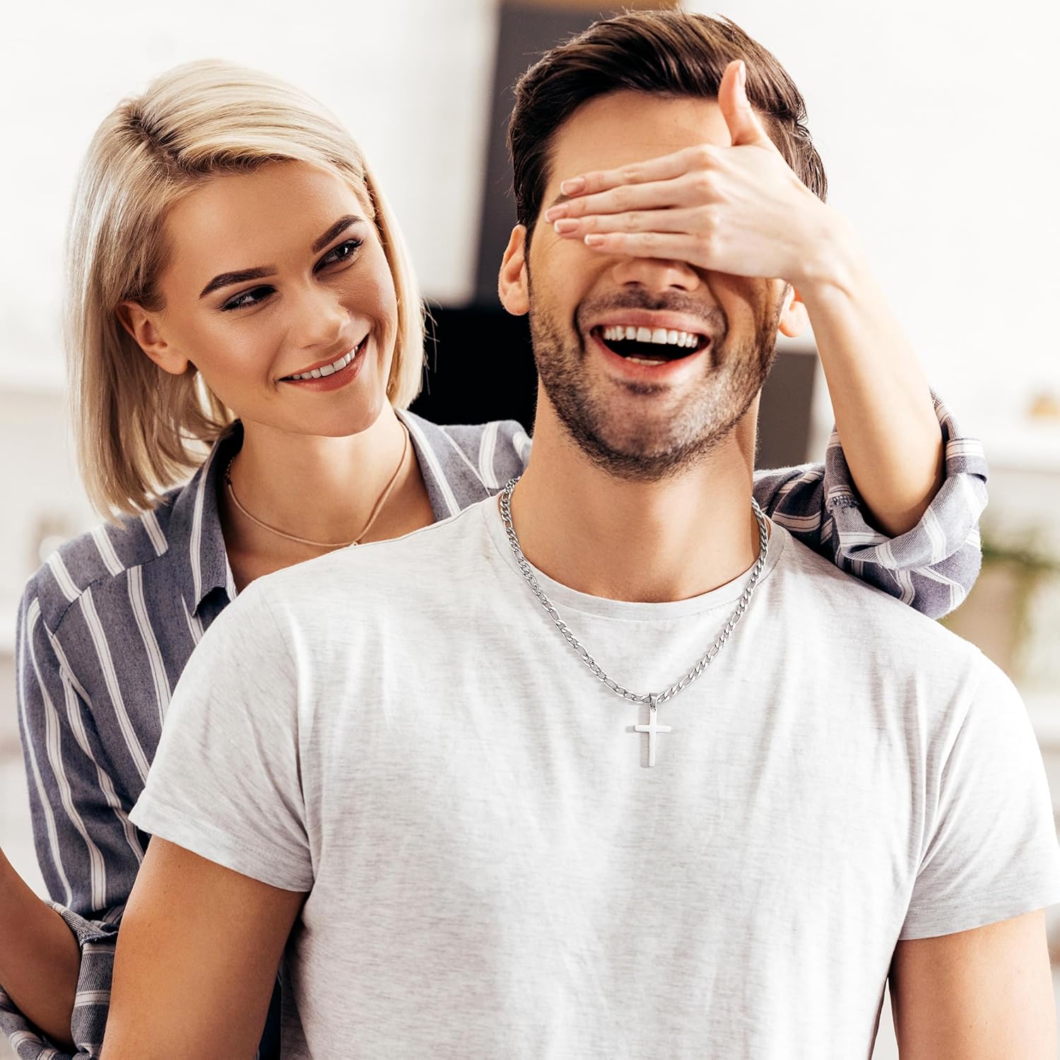 IEFLIFE Cross Necklaces Gifts for Son Men - Silver Figaro Chain Stainless Steel Cross Necklace Jewelry, Christian Baptism Gifts for Boys Men, Birthday Gift for Dad Husband Brother Son Grandson - Image 3