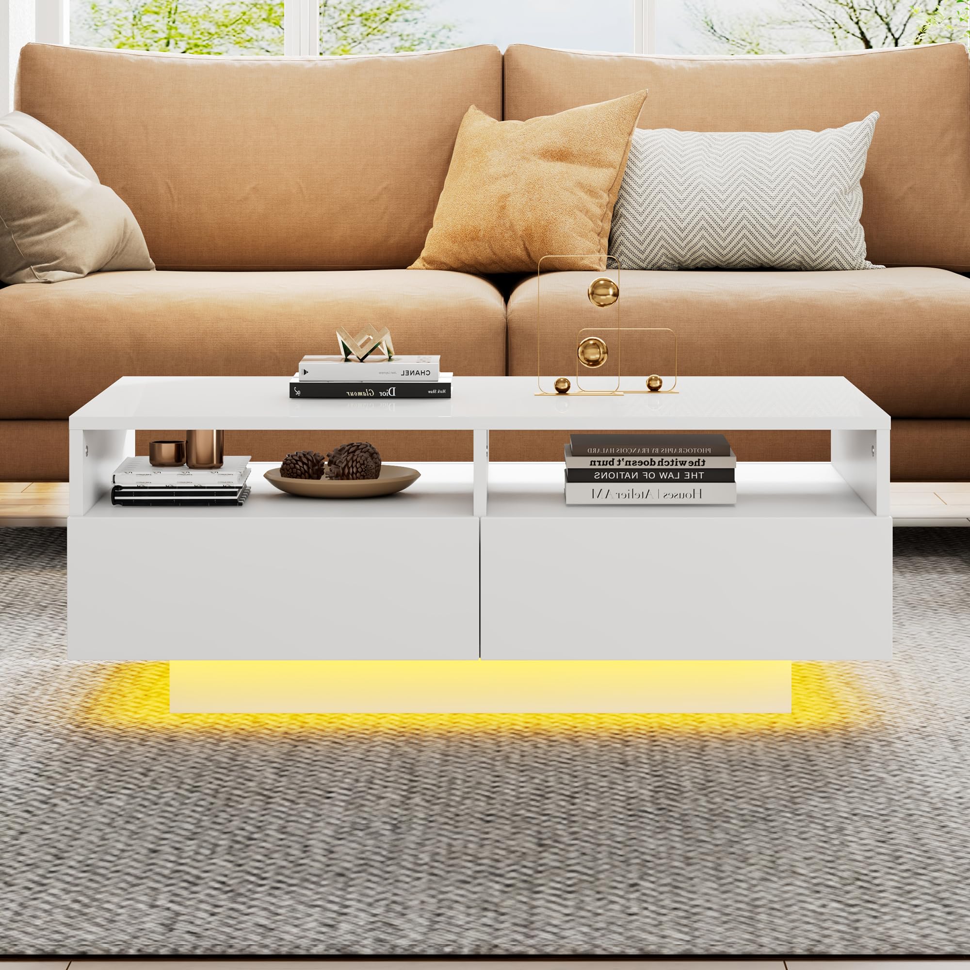 Tavolino Bianco Lucido 100x50x32 Cm Con Piano In Vetro E Cassetto, Antigraffio, Con Illuminazione A Led, Stile Moderno, Tavolo Da Soggiorno, Tavolo Da Camera Da Letto, Tavolo Da Balcone, Ecc
