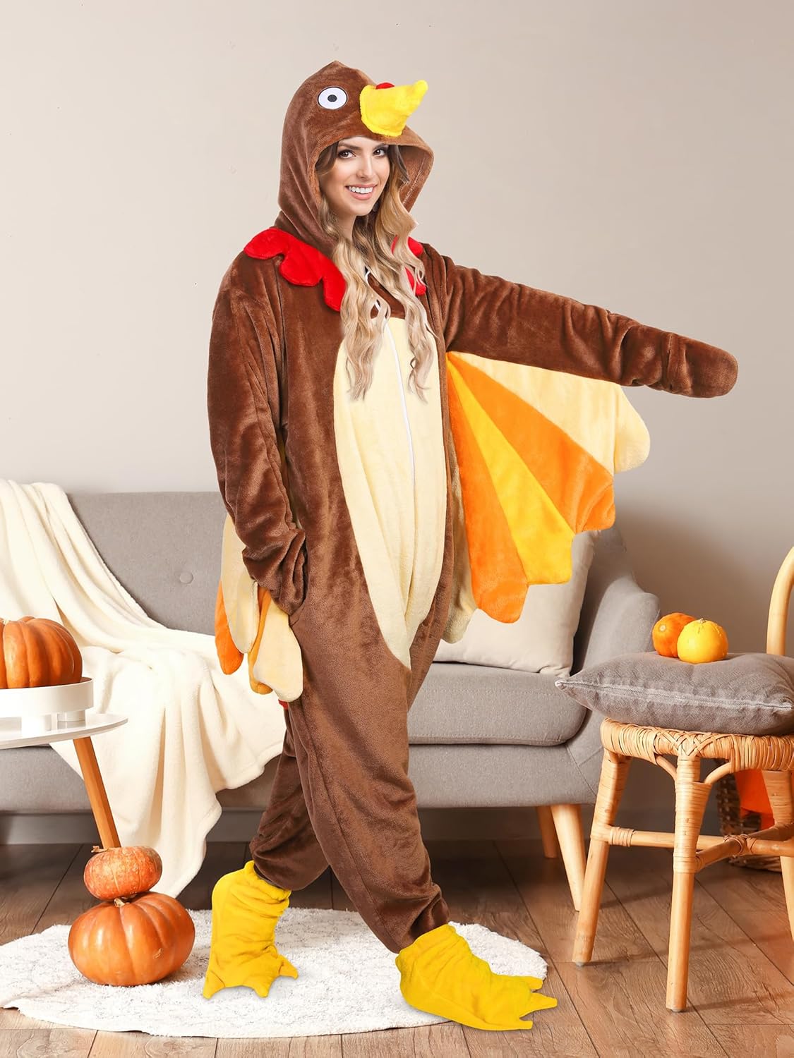 AOTHSO Thanksgiving Turkey Adult Onesie Turkey Plush Bird Onesie Costume with Animal Shoes Cosplay for Women and Men - Image 4
