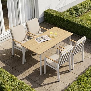 Atenza 5-Piece Garden Furniture Set, Aluminium, 150 x 80 cm, Garden Table with 4 Chairs, Weatherproof Outdoor Dining Set with PS Table Top, Ideal for Patio, Garden and Balcony (Beige, 4 Chairs + 1 Beige 4 Sessel+1 Esstisch