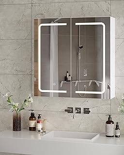Spiegelschrank Bad mit Beleuchtung, 2 Türen, 65 x 65 x 17cm Badezimmer Spiegelschrank mit Verstellbaren Ablagen, 3 Farbtemperatur Dimmbare, Spiegelschranks mit Licht, Berührung Sensorschalter, Weiß
