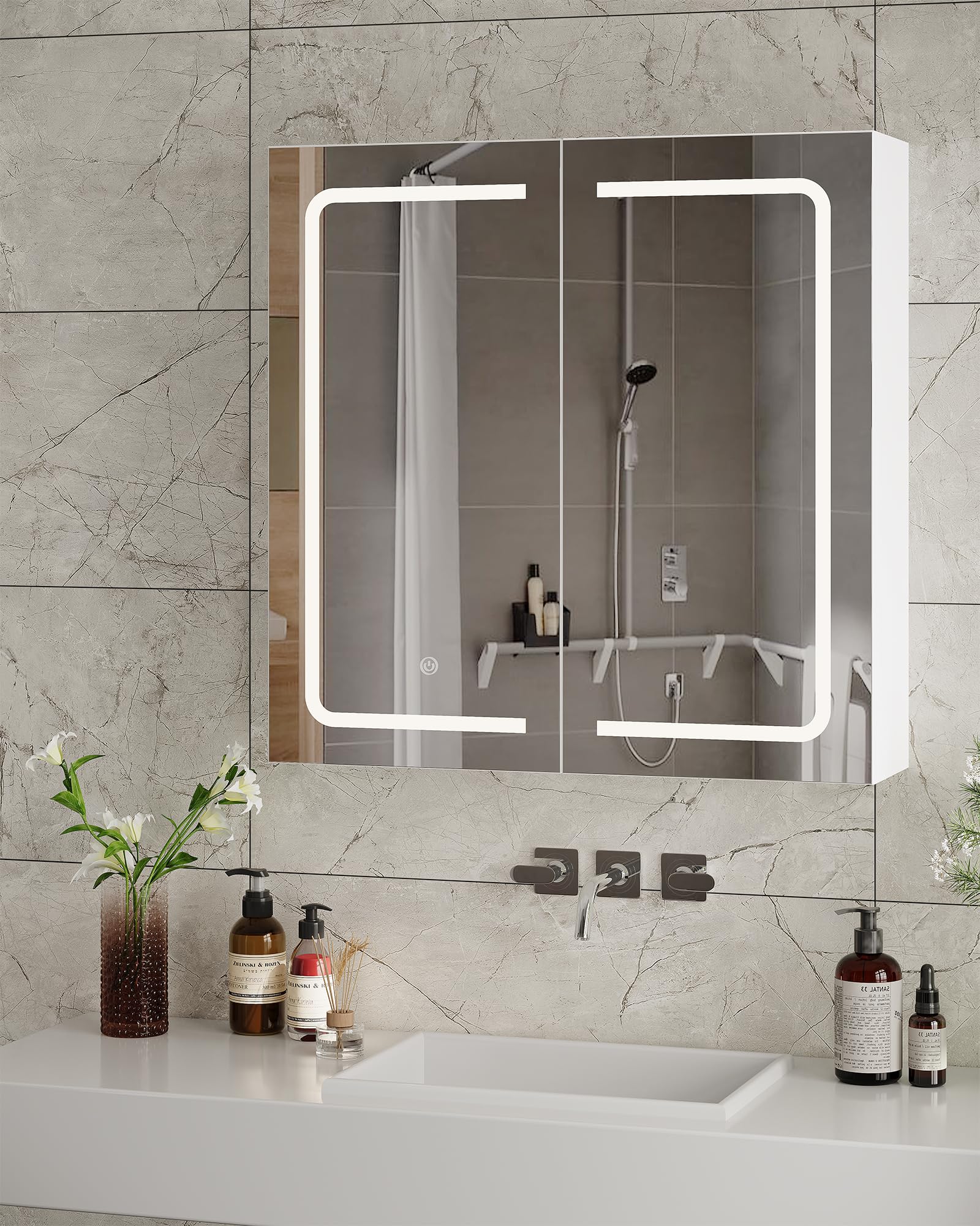 Spiegelschrank Bad mit Beleuchtung, 2 Türen, 65 x 65 x 17cm Badezimmer Spiegelschrank mit Verstellbaren Ablagen, 3 Farbtemperatur Dimmbare, Spiegelschranks mit Licht, Berührung Sensorschalter, Weiß