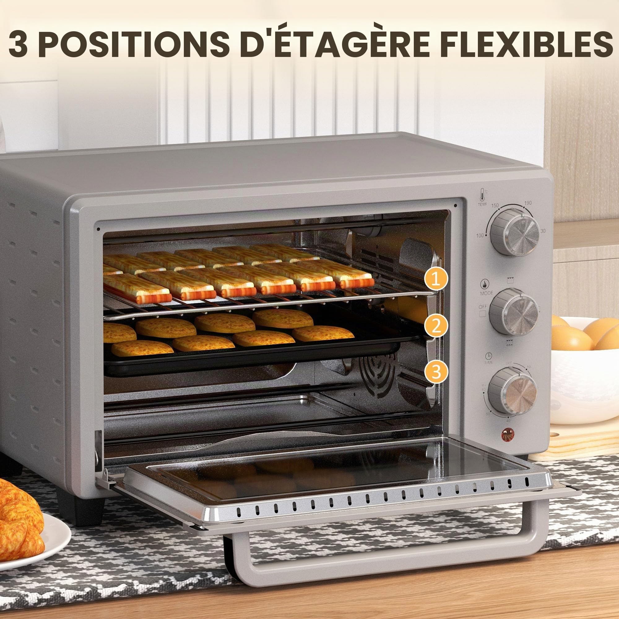 HOMCOM Mini four à pizza de 21 l, miniofen inkl. Backblech, Grillrost und Krümmelblech, 1400W Tischbackofen mit 1h Timer, Ofenrost, 100-230℃, Metall, Silber
