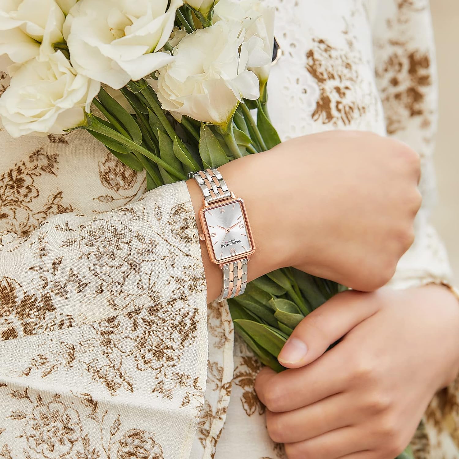 VICTORIA HYDE Rectangular Silver and Rose Gold Womens Watch, Classic Two Tone Watches for Women - Image 4