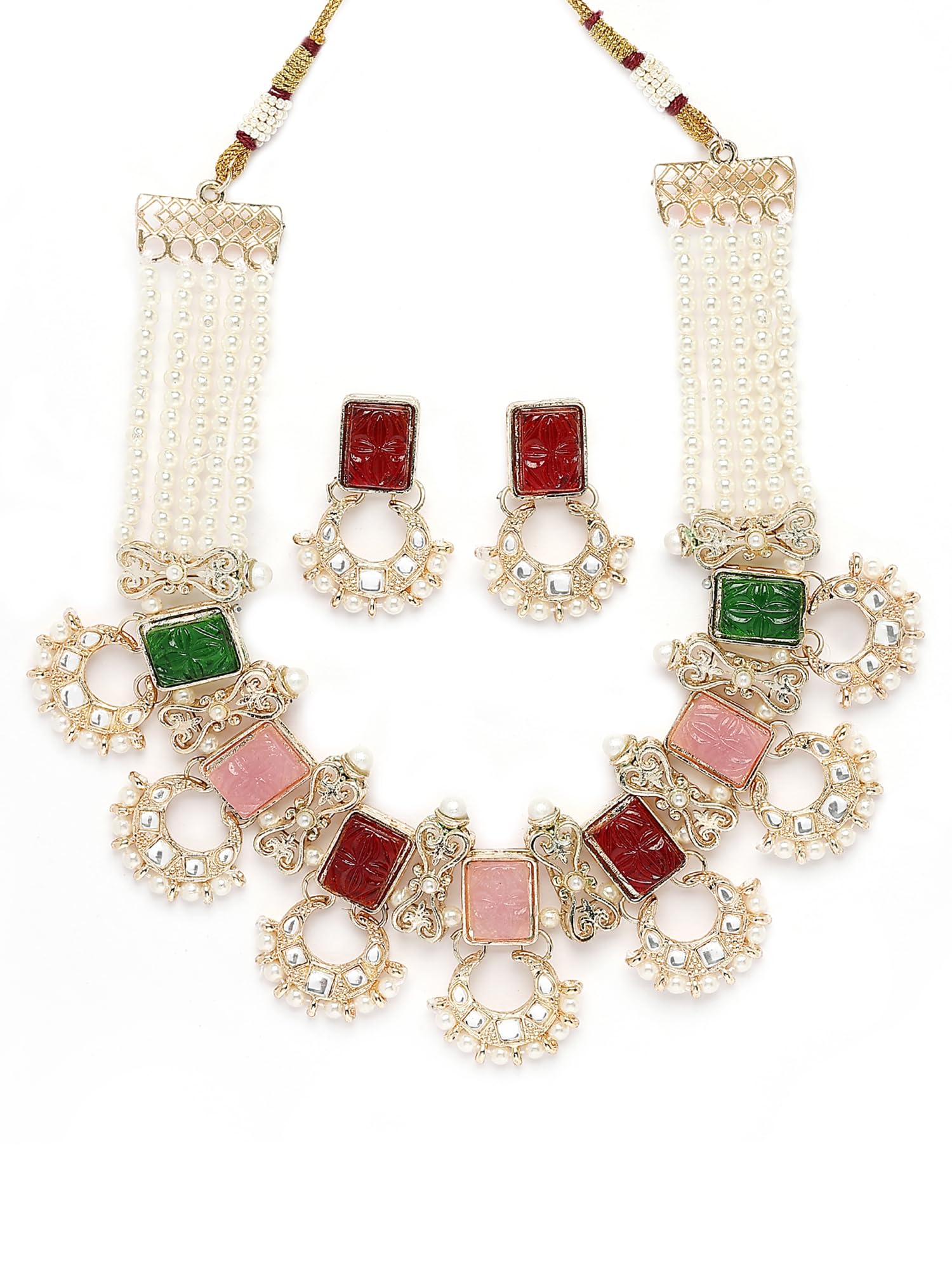 Karatcart Gold Plated Multicolor Carved Stone Jewellery Set for Women