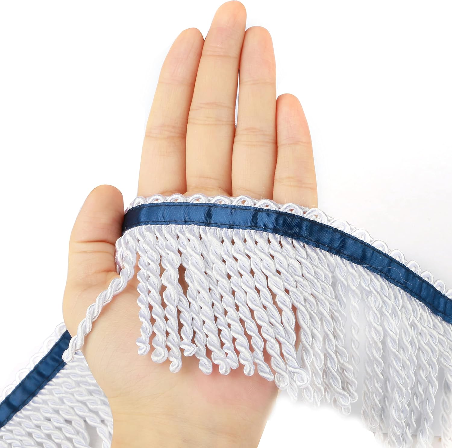 BEL AVENIR Curtain Fringes Bullion Fringe Trim with Blue Ribbon 5.3 Yard x 3 Inches Fabric Trims Sewing DIY Decoration for Curtain Sofa Clothes (White)