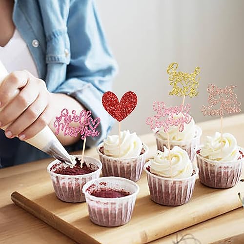 Miniatura 4 de Paquete de 30 adornos para cupcakes con purpurina de corazón de buena suerte, decoración de tartas para fiesta de despedida, suministros de