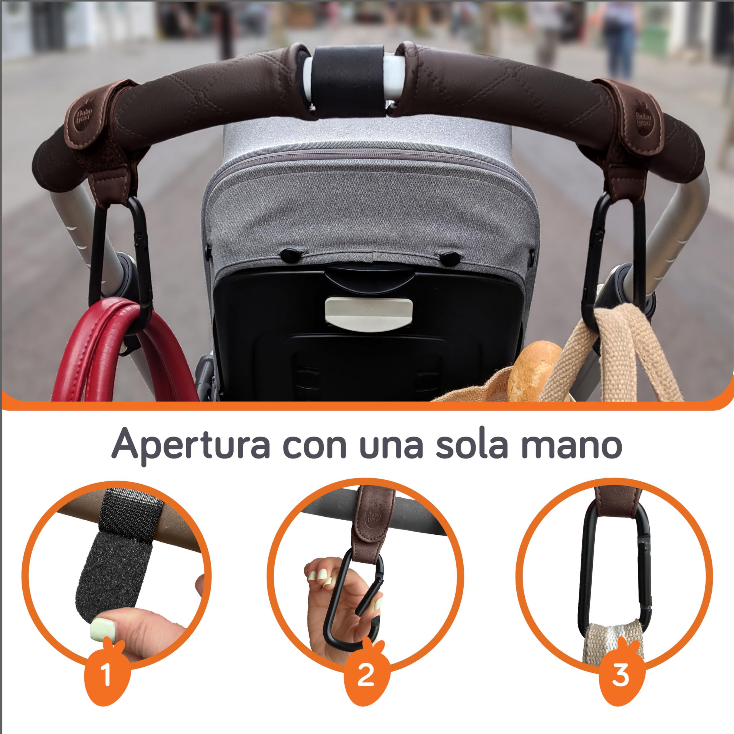 Baby Uma Ganci per Passeggino Porta Borse in Similpelle - Ganci Passeggino Universali, Antiscivolo, Fino a 5 kg (Marrone Scuro)