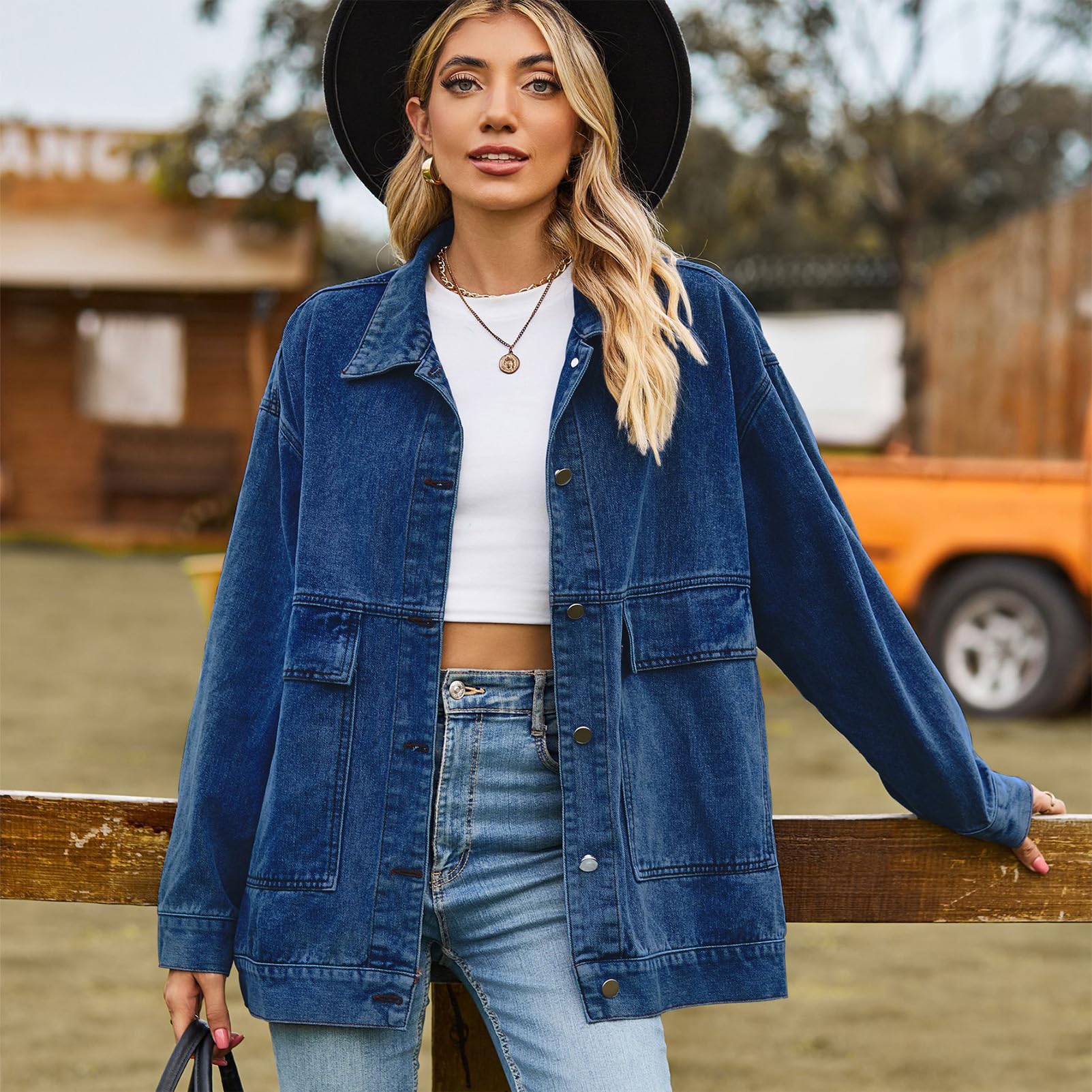 Femme Oversize Mi Longue Denim Veste Manches longues Jean Tenues