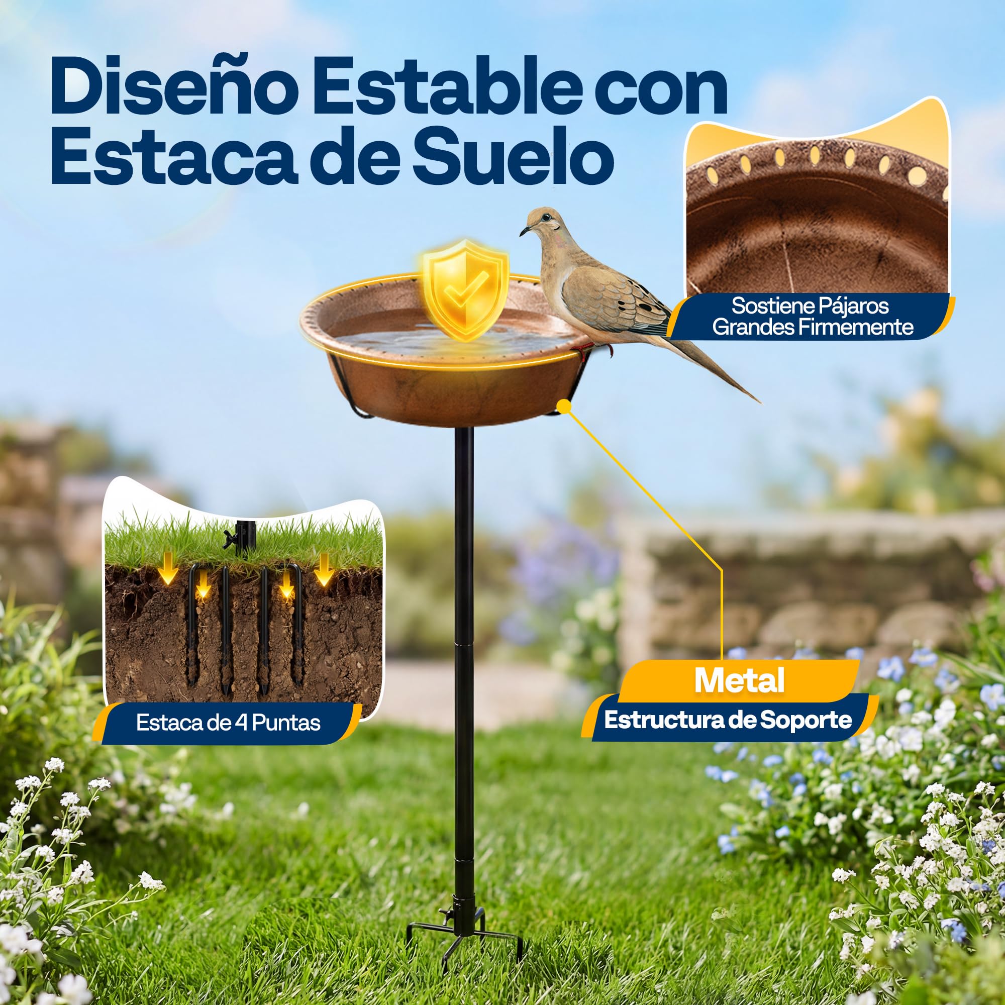 VIVOHOME Baño para Pájaros Exterior, Cuenco Desmontable con Base 4 Puntas, Baño y Comedero para Jardín y Césped (Bronce)