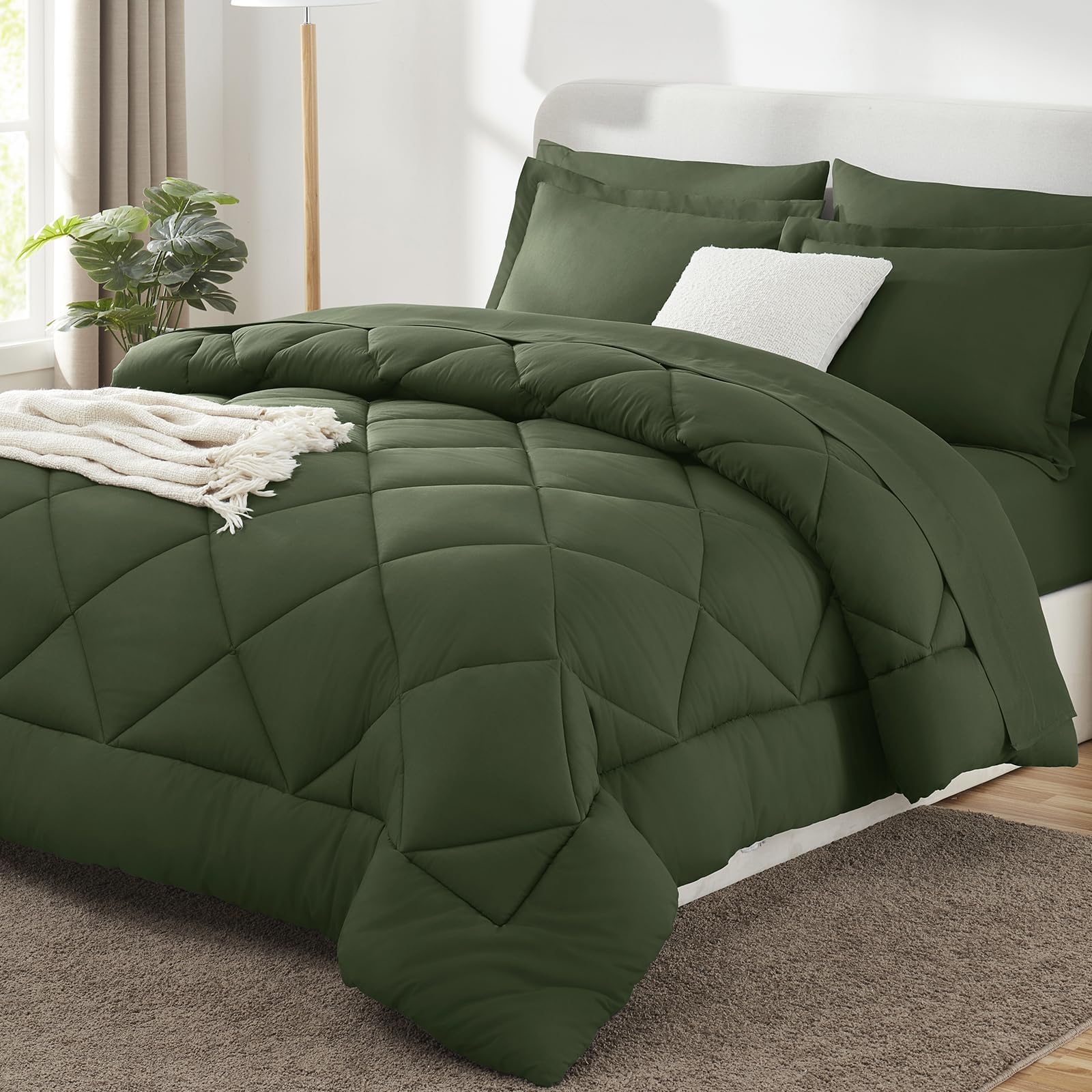 CozyLux Full Size Comforter Sets Olive Green - 7 Pieces Bed in a Bag Full, Soft Bed Set for All Seasons, Bedding Set with Comforter, Sheets, Pillowcases & Shams