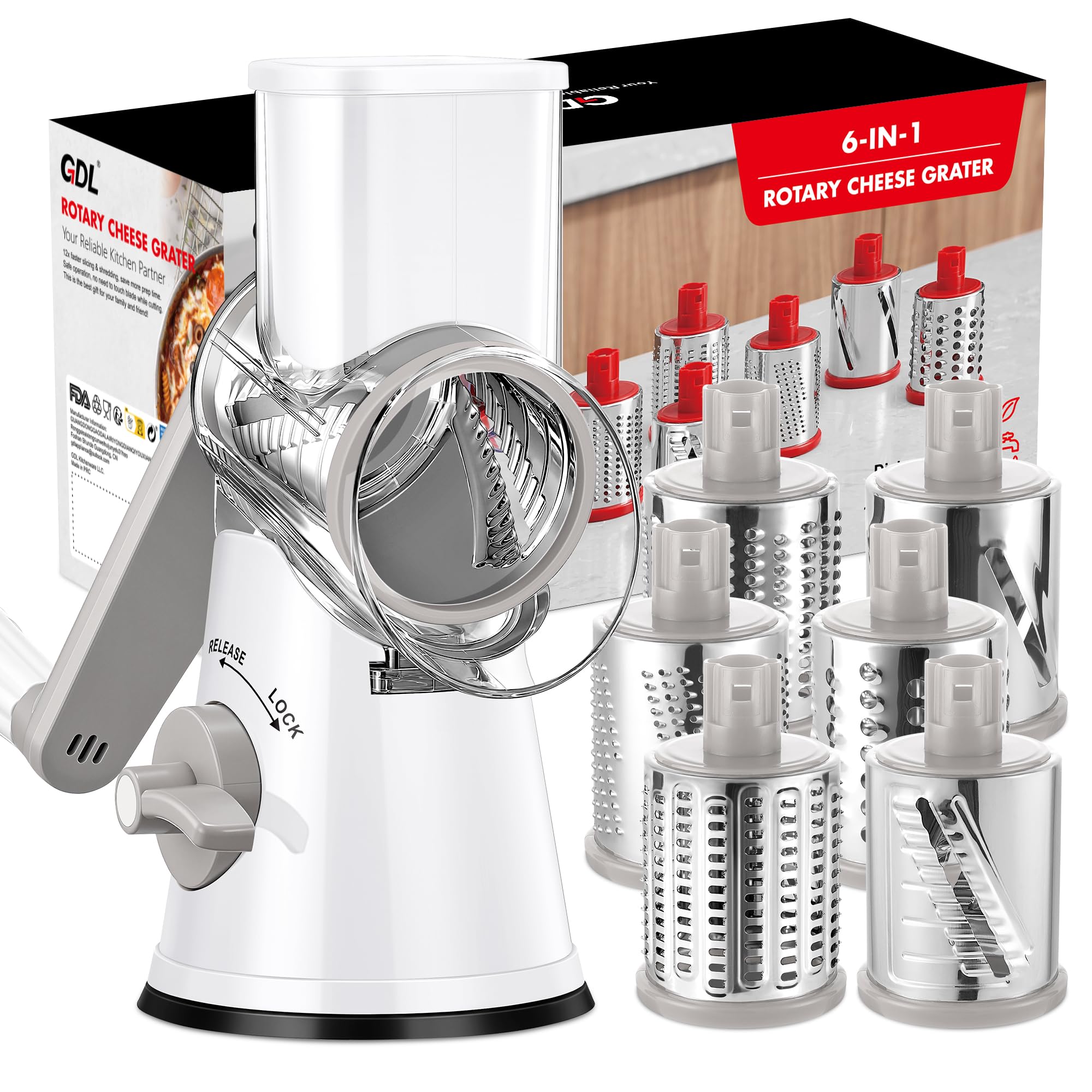 GDL Cheese Grater Rotary with Handle, Vegetable Slicer, 6 Blades, Grey White