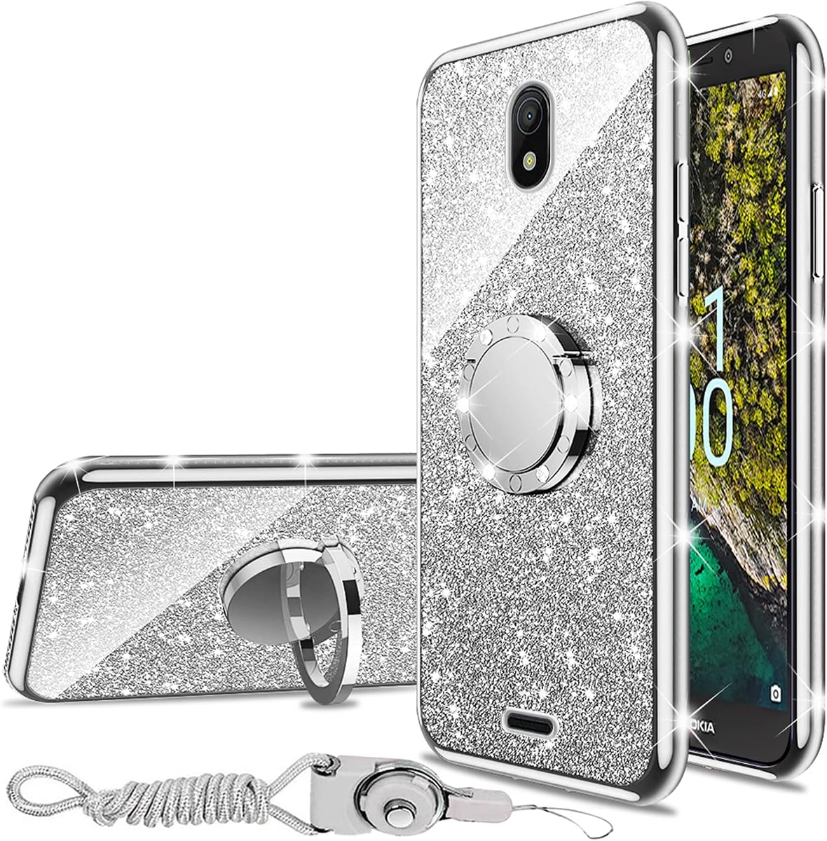 for Nokia C100 (N152DL) Phone Case with Ring Stand Lanyard Shockproof Protection Cover for Girls Women Men - Silver