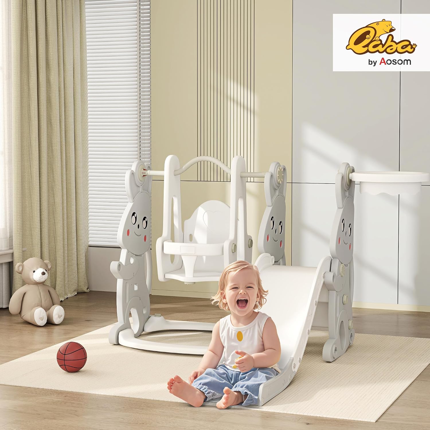 Qaba 4 in 1 Toddler Slide and Swing Set, Kids Playset for Ages 1.5-4, Rabbit Themed Children Slide Playground with Climber, Basket Hoop, for Indoor Outdoor Backyard, Gray