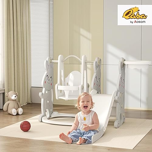 Miniatura 2 de Qaba Juego de tobogán y columpio 4 en 1 para niños de 1.5 a 4 años, parque infantil con temática de conejo con escalador, aro de canasta, para patio