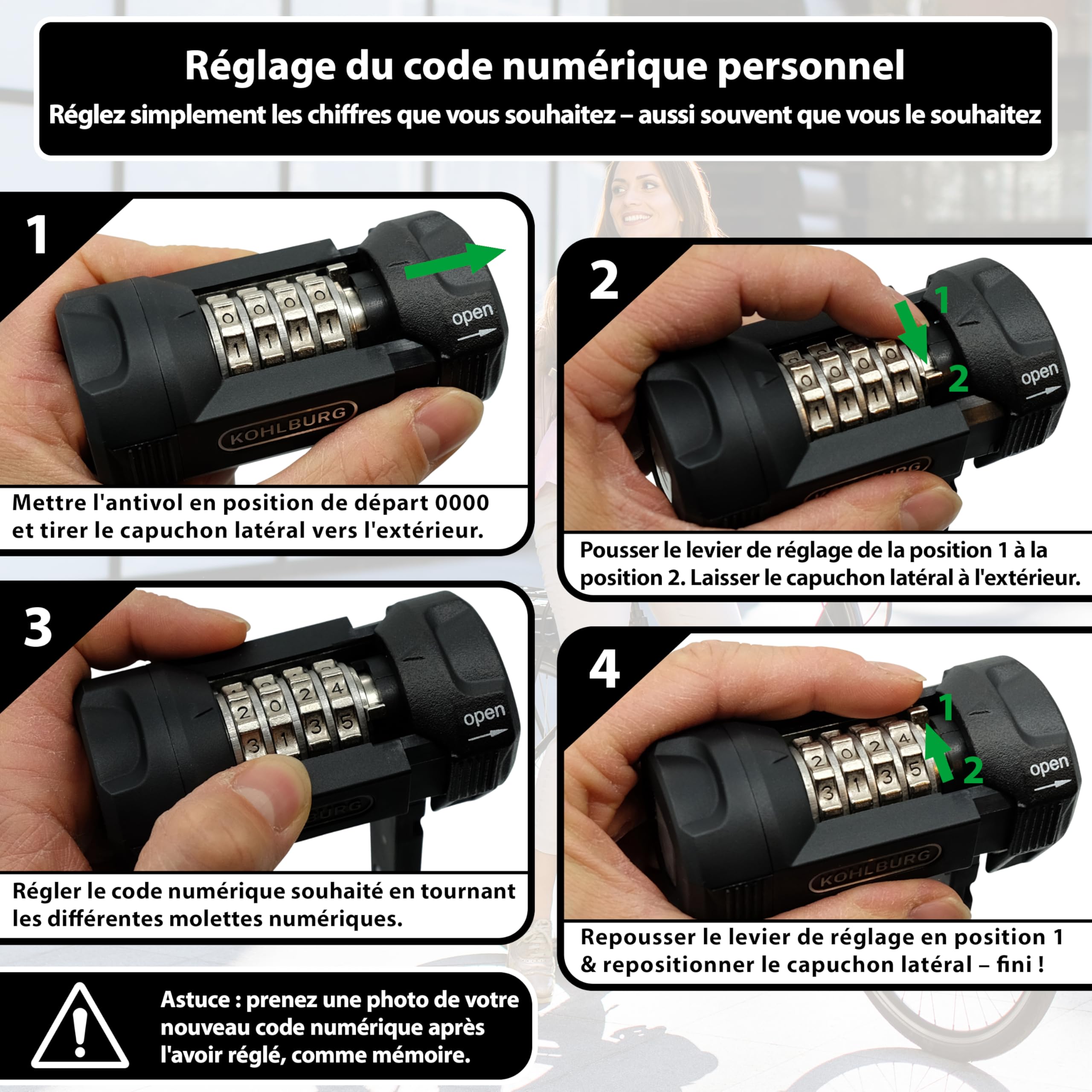KOHLBURG Antivol Pliant vélo 110 cm à code chiffré de haute sécurité | Antivol à code pour vélo avec support – résistant aux coupe‑boulons – serrure & antivol pour vélo électrique