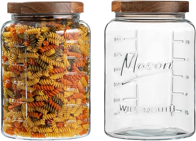 1 Gallon Glass Mason Jar with Airtight Wooden Lid, Wide Mouth Large Food Storage Container with Measurement Markings For Kitchen Pantry, Pickling, Cookies, Flour & Sugar - 2 Pack