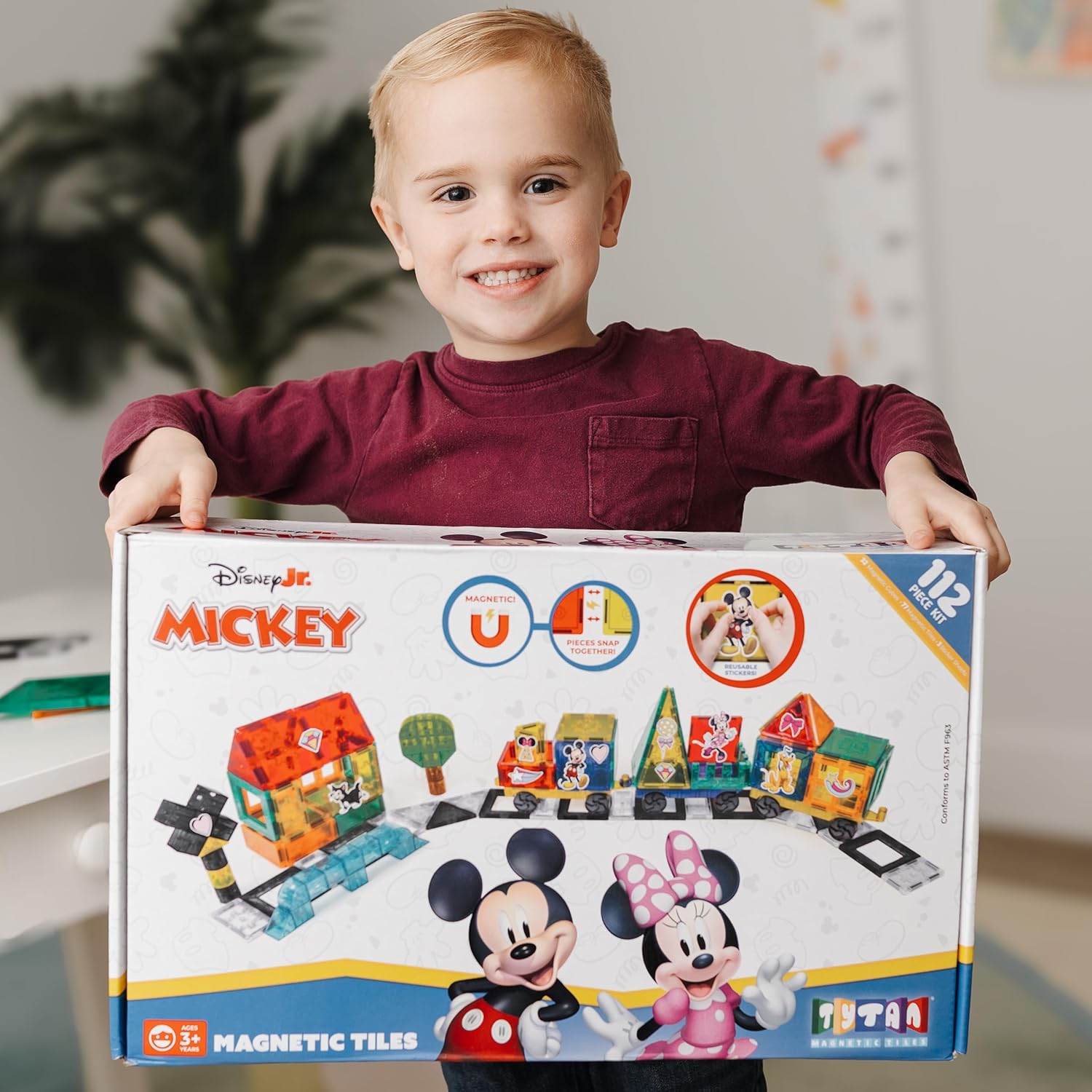 Tytan Official Disney Junior Mickey Mouse Jumbo Train Magnetic Tile Set – 112-Piece STEAM Toy Featuring Magnetic Cubes, Wheeled Bases, Reusable Stickers & Instruction Manual – Kids Ages 3+
