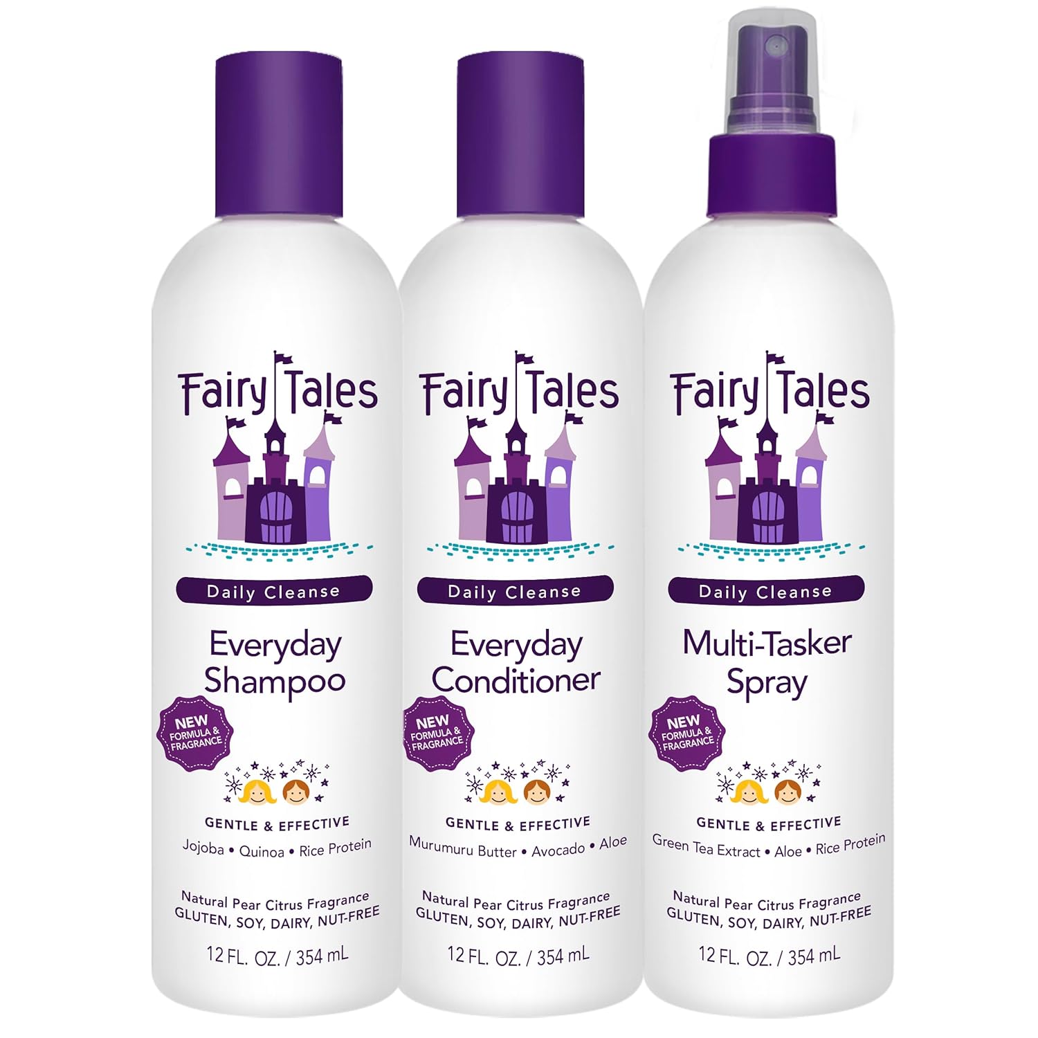 Fairy Tales Daily Cleanse Everyday Kids Shampoo, Conditioner, and Spray set - Gentle Natural Defining, Tangle Free, Moisturizing + Hydrating, Clean + Natural Ingredients - Paraben Free - 12oz. (3PK)