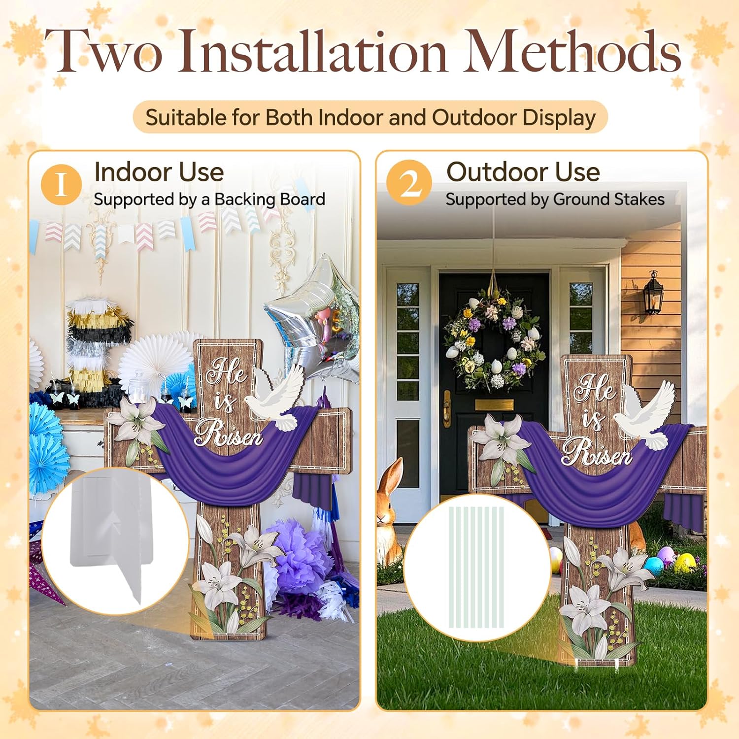 5 FT Easter He is Risen Yard Sign Religious Cross Sheep Cardboard Cutout Waterproof Stand-up Life Size Photo Booth Props for Spring Home Outdoor Garden Spring Easter Party Decorations (1, Cross)