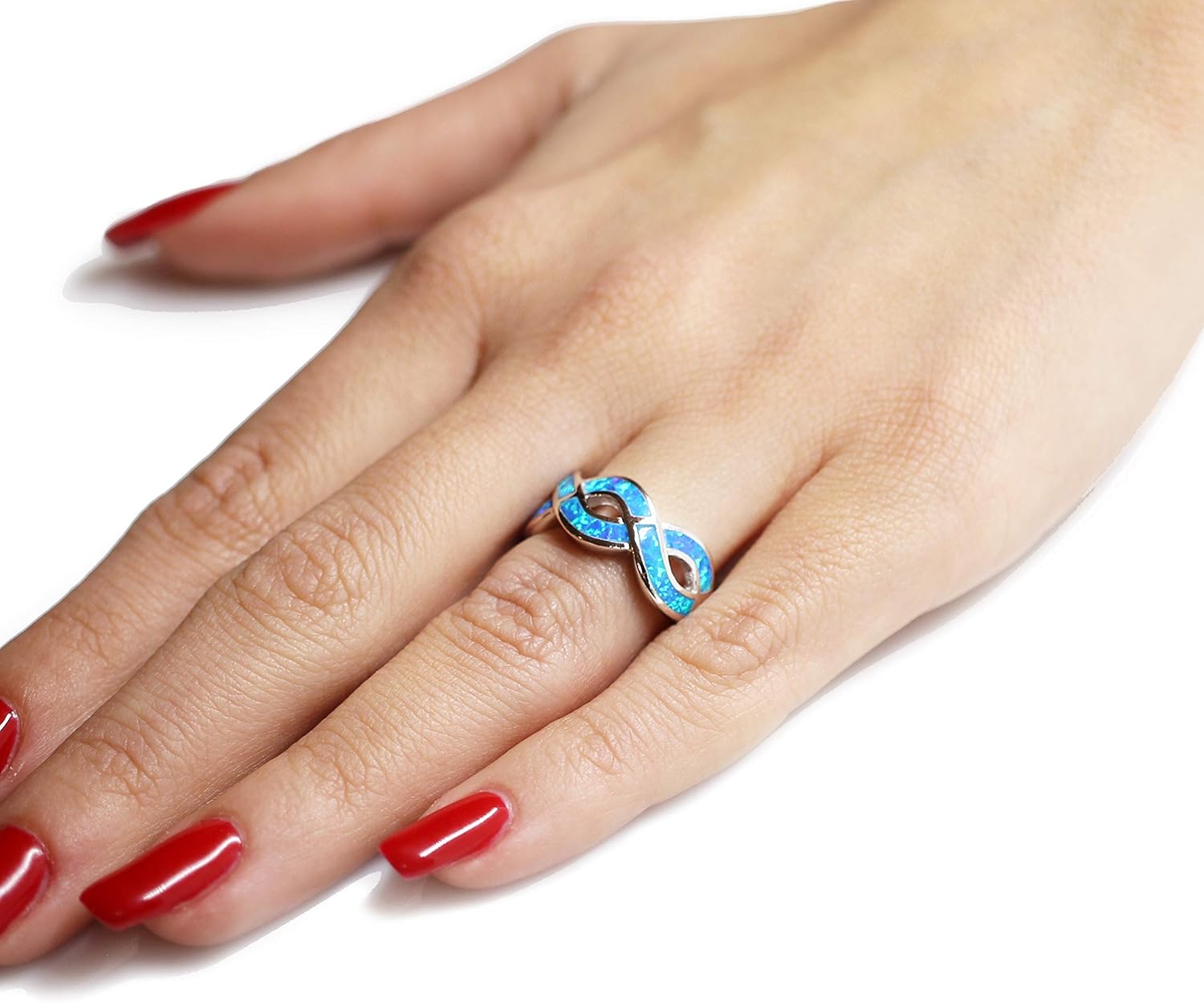 CloseoutWarehouse Blue Simulated Opal Infinity Knot Ring Sterling Silver (Sizes 4-15)