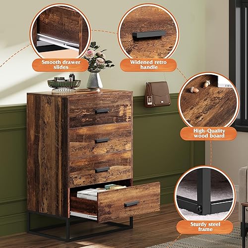 Miniatura 6 de WLIVE Cómoda de madera para dormitorio, cómoda de madera con 4 cajones, cómoda de dormitorio con marco de metal resistente para pasillo, sala de