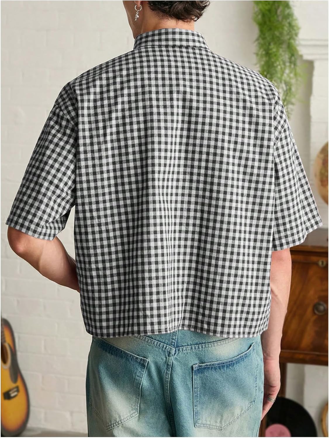 SHENHE Men's Plaid Button Down Short Sleeve Shirt Loose Fit Casual Shirt with Chest Pocket - Image 2