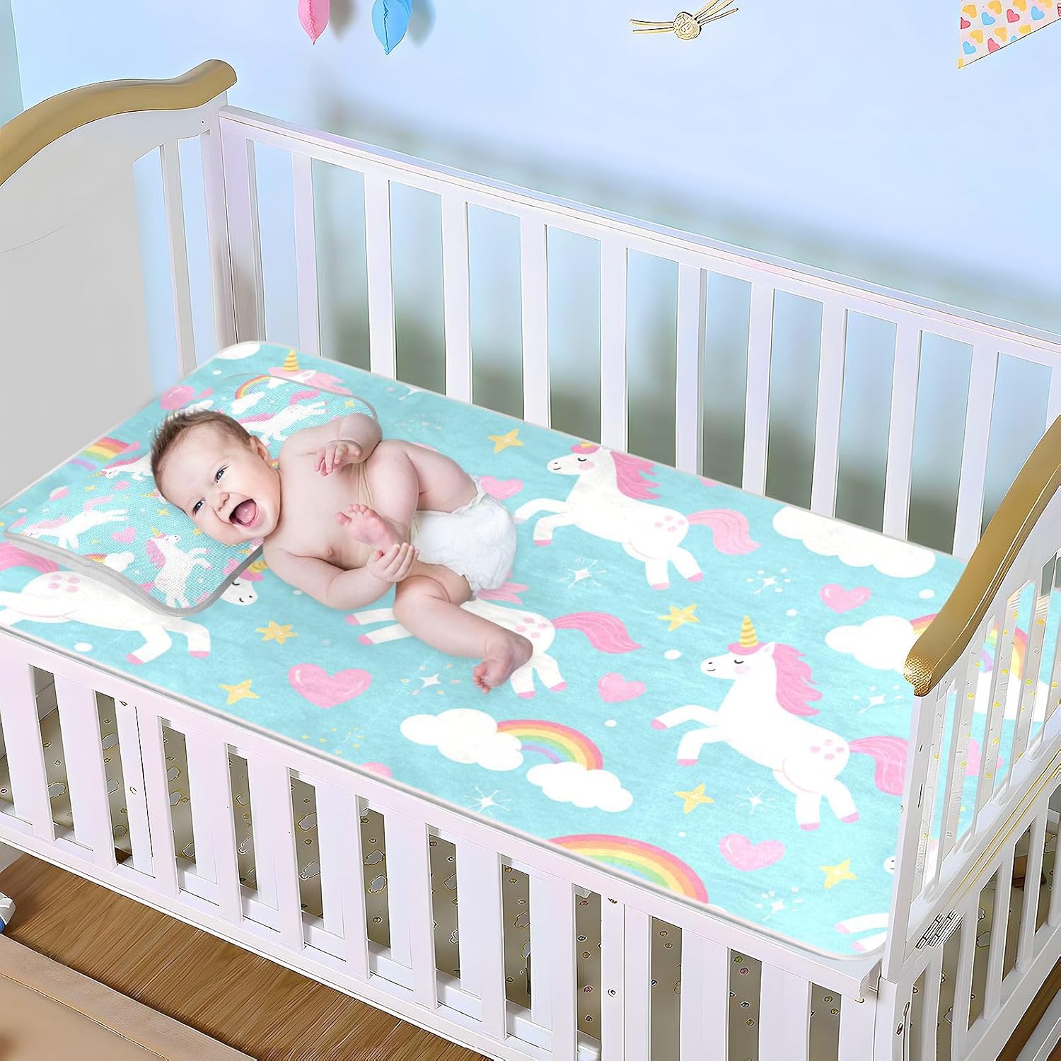 Cute Cartoon Unicorns Blue Cooling Baby Mattress pad Protector 28" x 52" washablraining Pads for Baby&Toddler