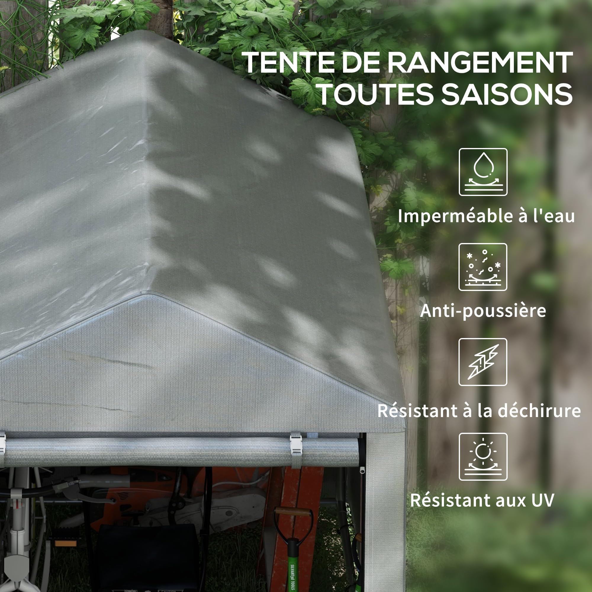 Outsunny Garage Moto extérieur avec entrée zippée, Tente Garage pour vélos et Outils en métal galvanisé et Tissu PE, 120x179x165 cm, Gris Clair
