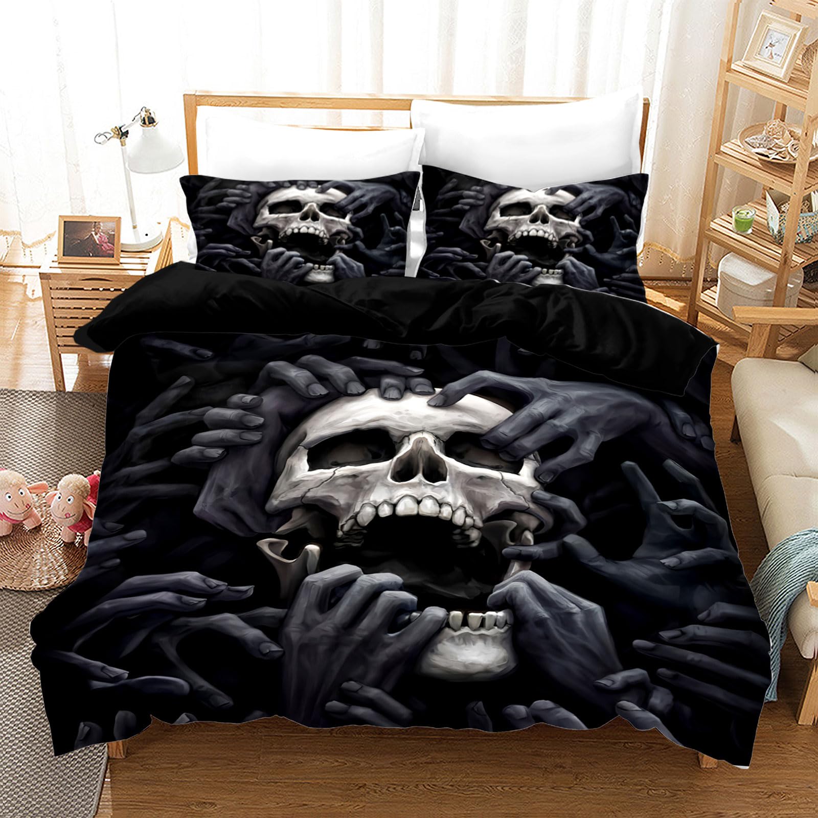 UGZDEA Juego de Cama Calavera 135x200cm, Juego de Cama Gótico con Motivo de Calavera Negra, Juego de Cama Halloween de Microfibra con Cremallera (A, 135x200cm)