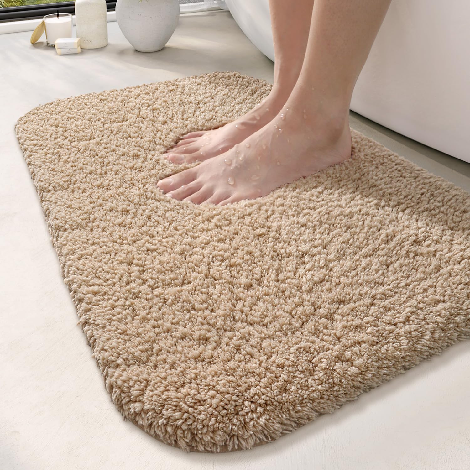 Alfombra Baño 40 x 60 cm, Alfombrilla Súper Absorbente, Extra Grueso, Ultra Suave de Microfibra, Alfombras Antideslizante para Bañera, Ducha, Beige