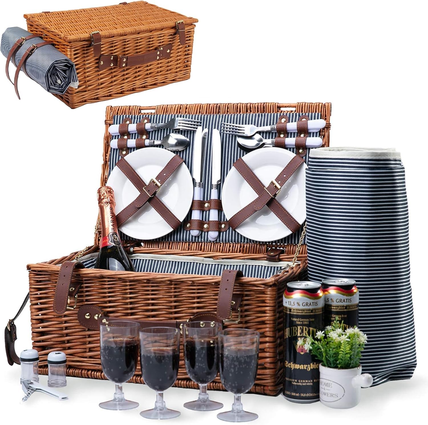 Picnic Basket for 4 Wicker Picnic Set with Large Insulated Cooler Compartment & Waterproof Blanket & Cutlery Service Kit Retro Classic Willow Picnic Hamper Set for Camping Outdoor Party