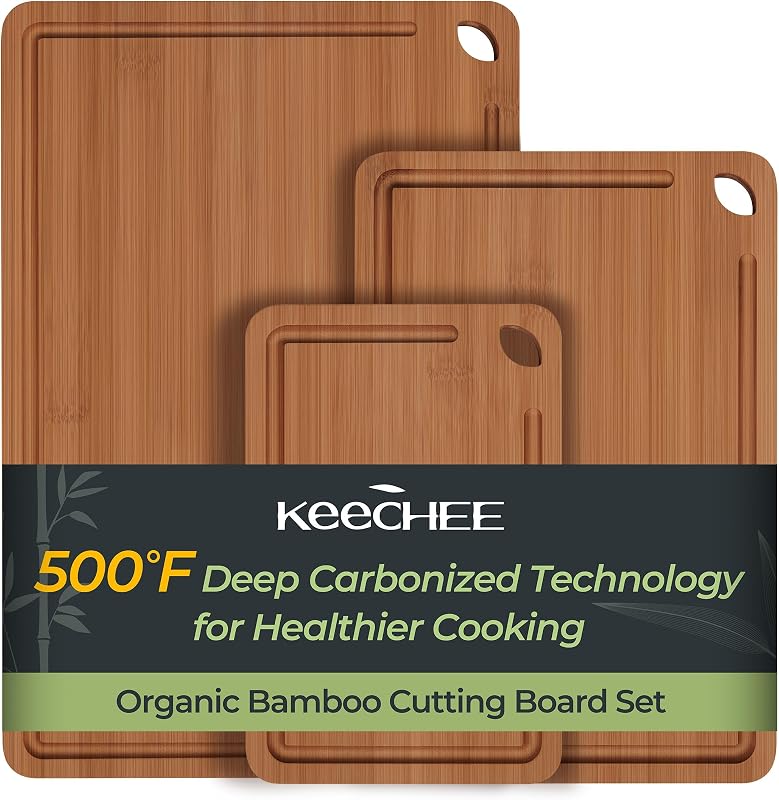 Bamboo Cutting Board, Wood Chopping & Butcher Block for Kitchen | Non Toxic, Resisted-Cracking&Curling, Deep Juice Groove, Side Handles,Cross-Laminated Structure, Knife-Friendly, Gifts Ready