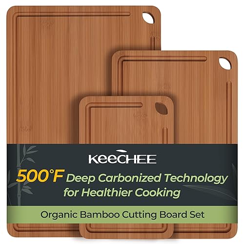 Keechee Bamboo Cutting Board, Durable Wood Cutting Boards for Kitchen with Deep Juice Grooves & Built-in Handles, Ideal Charcuterie & Chopping for Meat, Vegetables and Fruits Ideal Kitchen Gifts - Carbonized Bamboo (Brown) - Set of 3 (S-M-L)