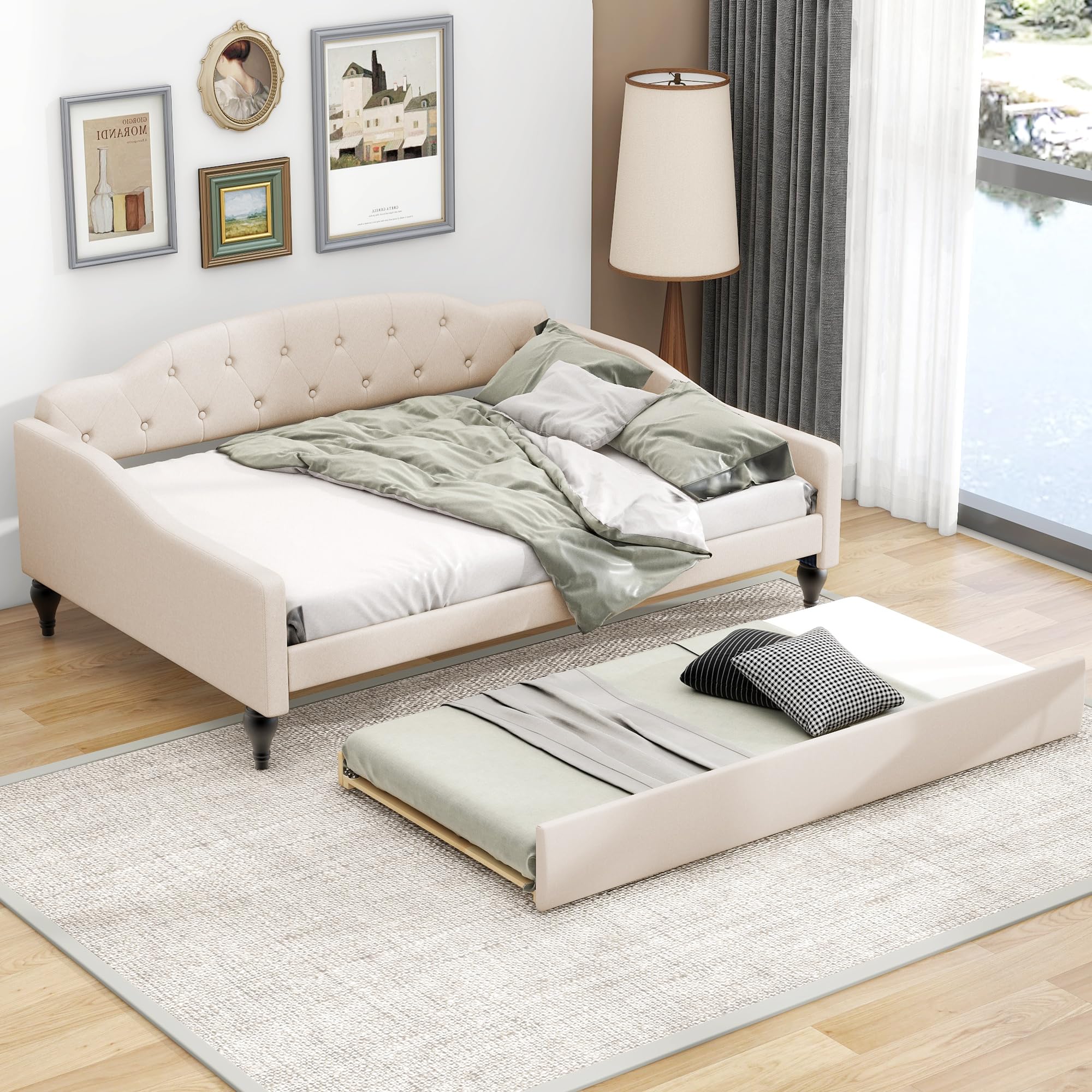 full size upholstered tufted daybed with twin size trundle, teddy fleece sofa bed for small space,bedroom,livingroom,guest room, no spring box need,beige