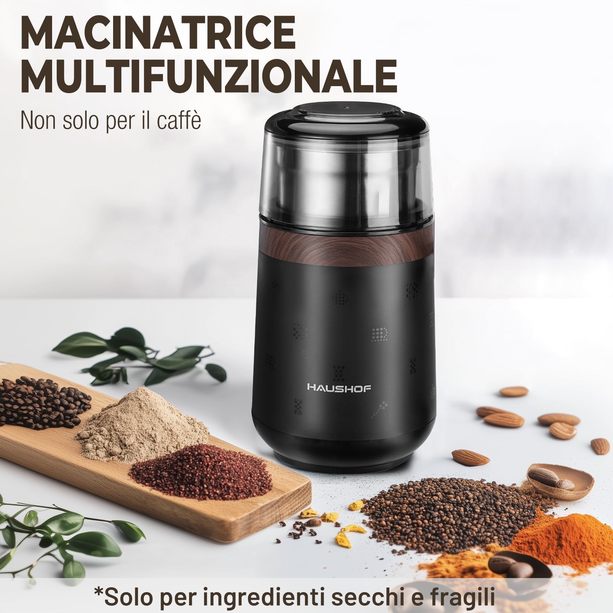 HAUSHOF Macina Caffè Elettrica da 75 g, Macinacaffè da 150W per Chicchi di Caffè e Spezie, Macina Spezie Multifunzionale per Chicchi di Caffè, Noci, Erbe
