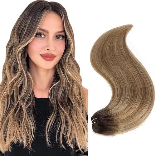 Miniatura 7 de Extensiones de cabello humano Remy con clip de 14 pulgadas, color claro, extensiones de cabello humano rubio con reflejos dorados, grosor de doble